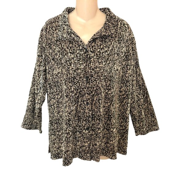 Coldwater Creek Womens XXL Black & Beige Abstract Button-Front Blouse 3/4 Sleeve - Picture 1 of 7